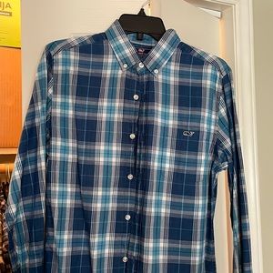 Vineyard Vines teal and blur button down shirt
